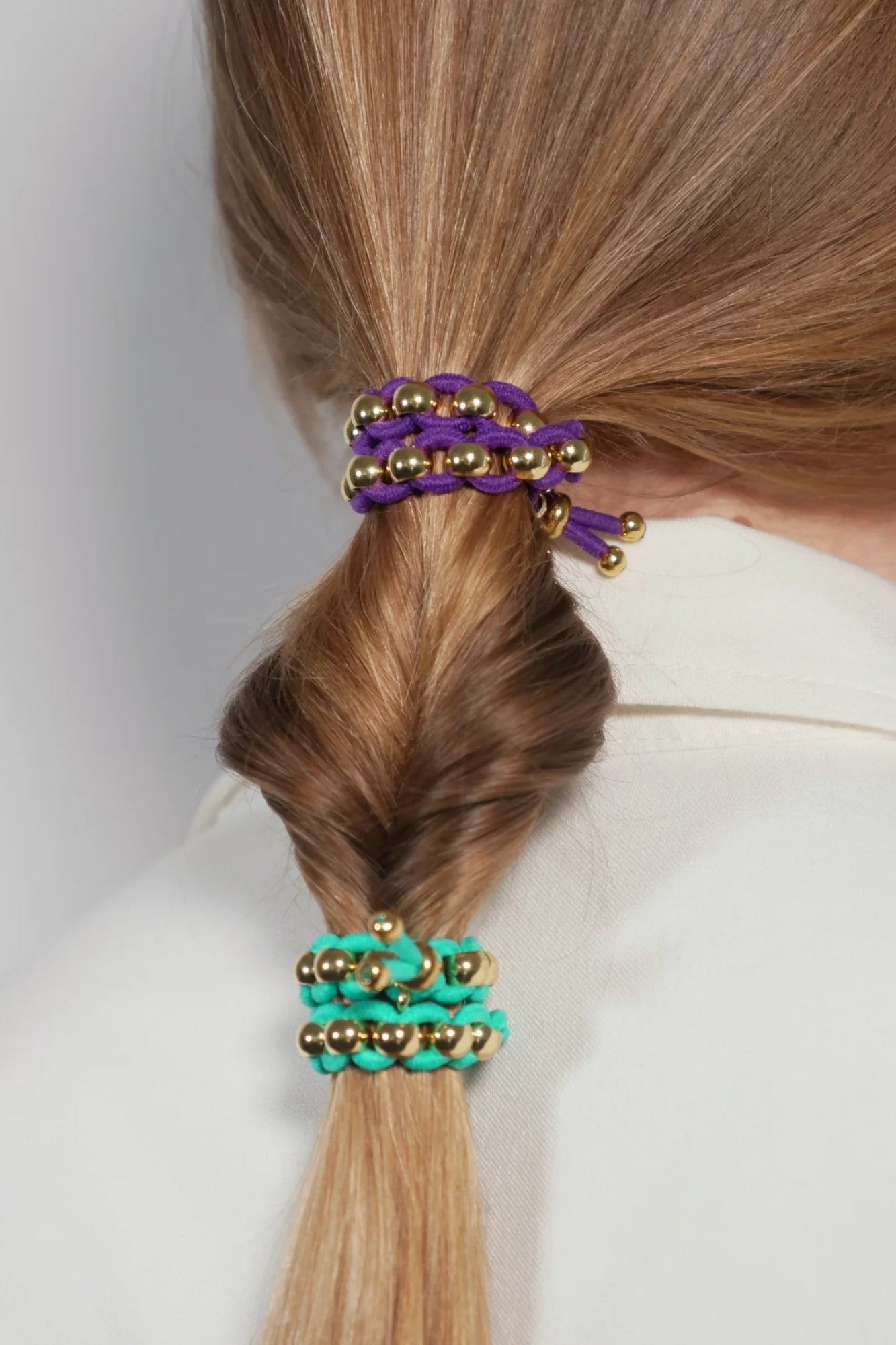BICHOU ROUND GOLD BEADS AND TURQUOISE ELASTIC HAIR TIE