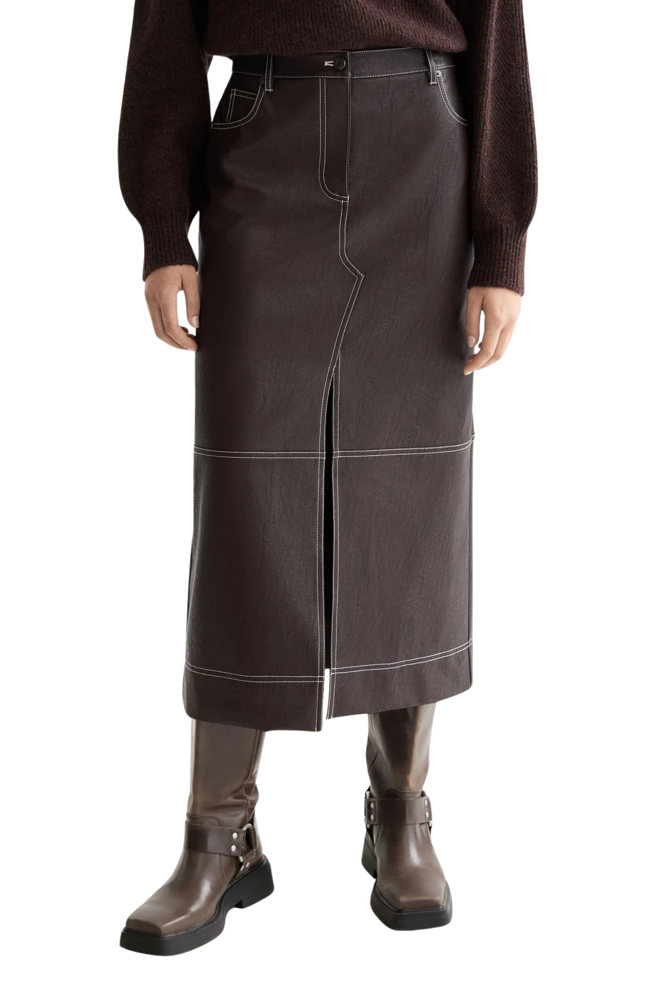 FAUX LEATHER MIDI SKIRT WITH FRONT SLIT