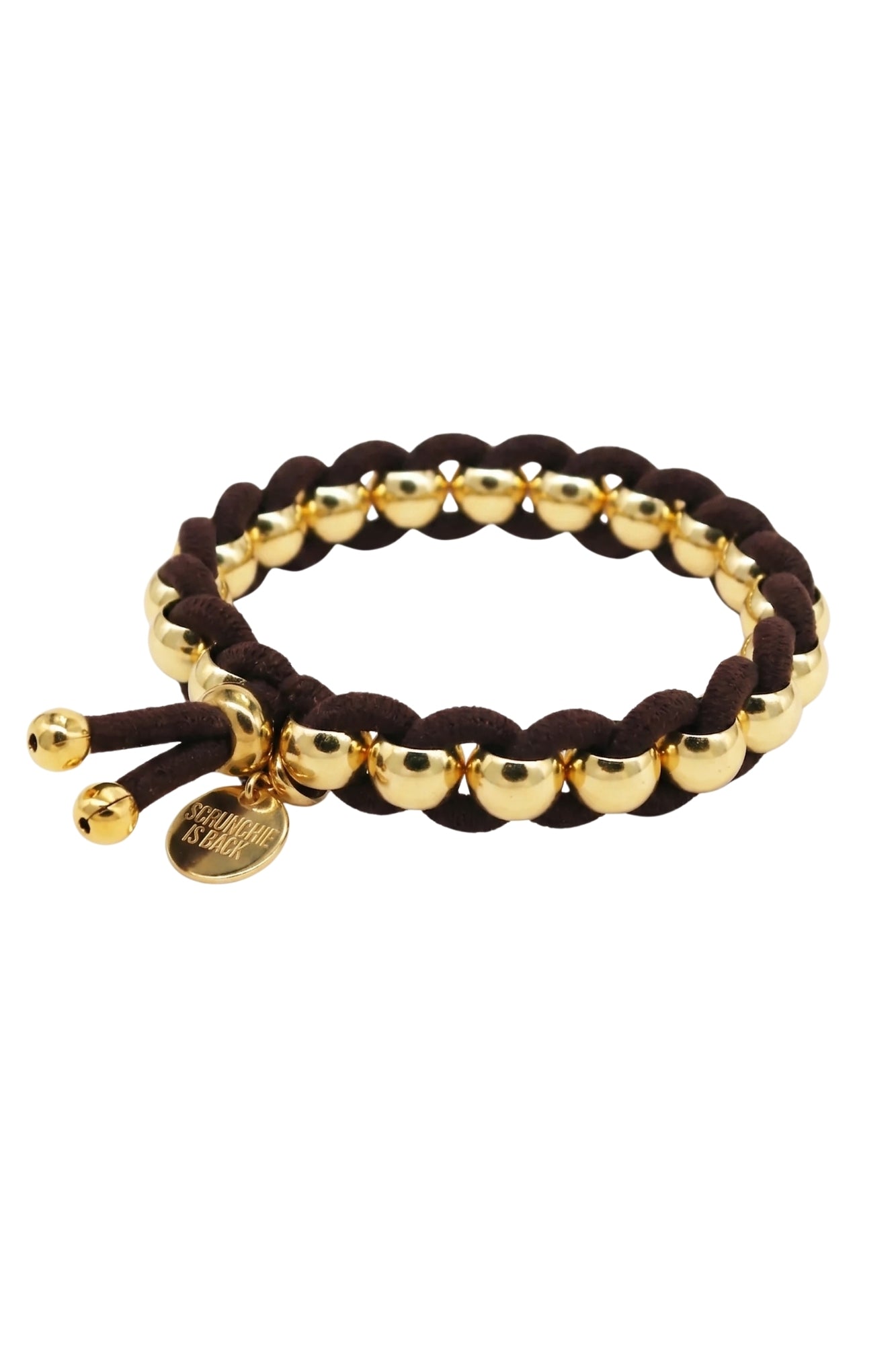 BICHOU ROUND GOLD BEADS AND BROWN ELASTIC HAIR TIE