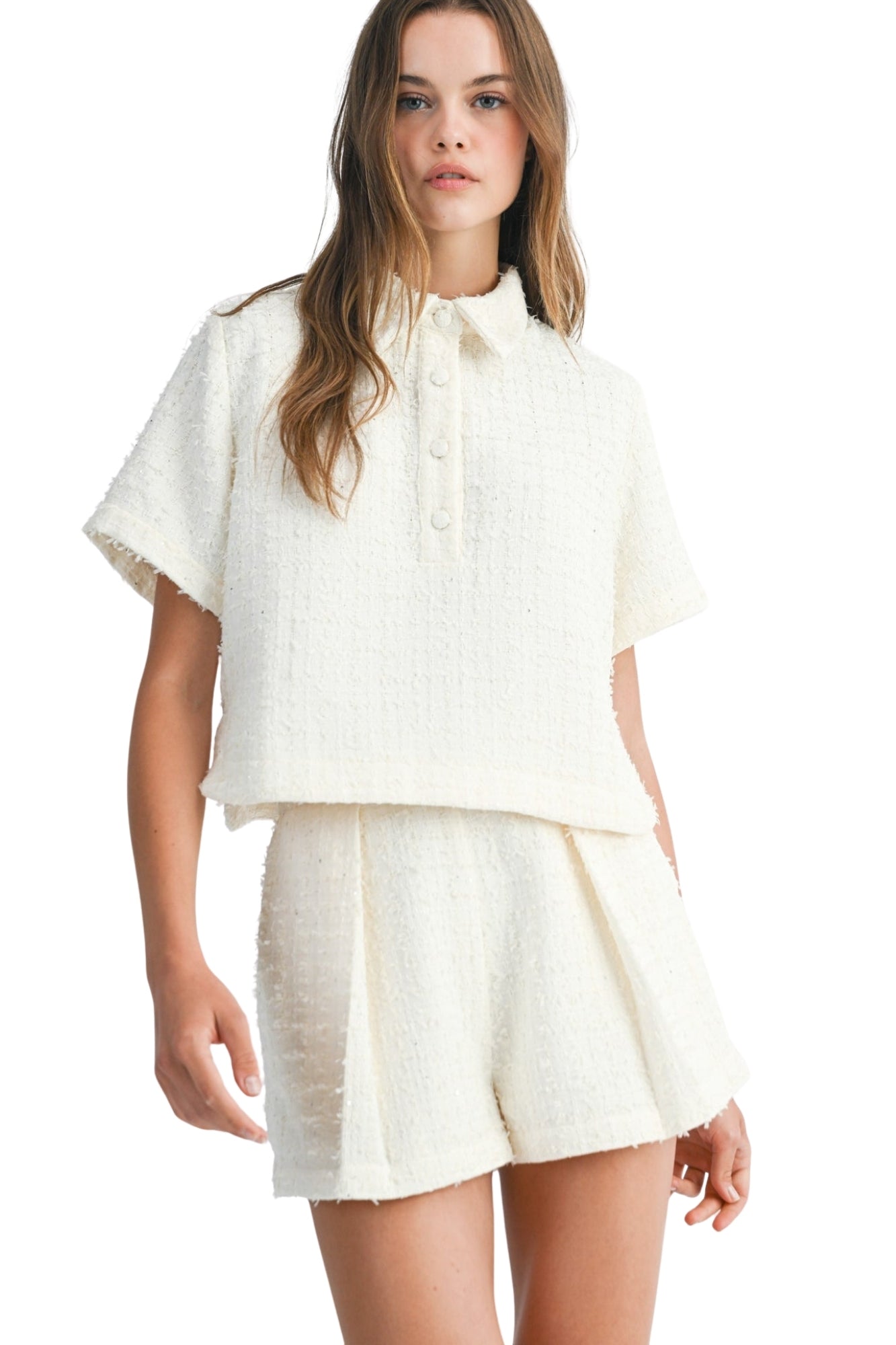 TWEED COLLAR CREAM SHORT SLEEVE SET