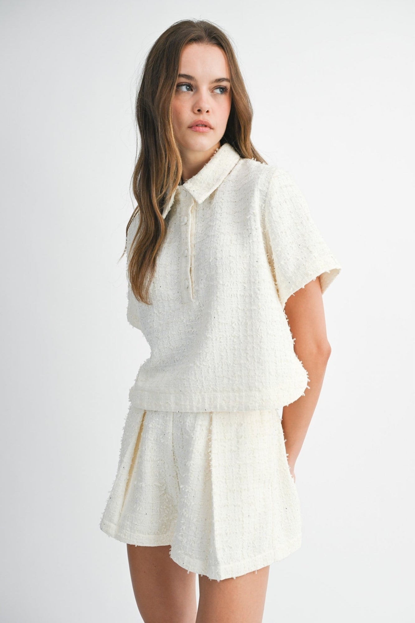 TWEED COLLAR CREAM SHORT SLEEVE SET