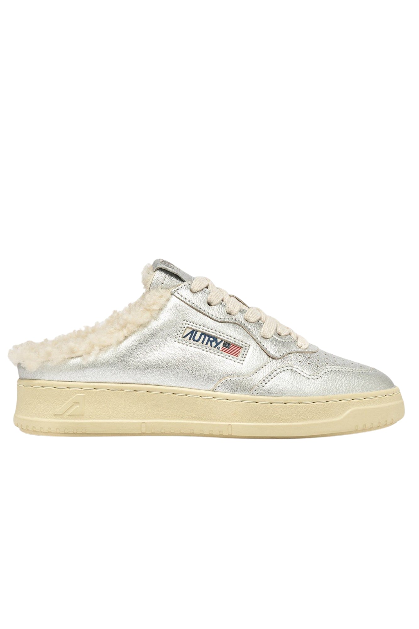 MEDALIST MULE SNEAKERS IN SILVER-TONE LEATHER AND SHEARLING