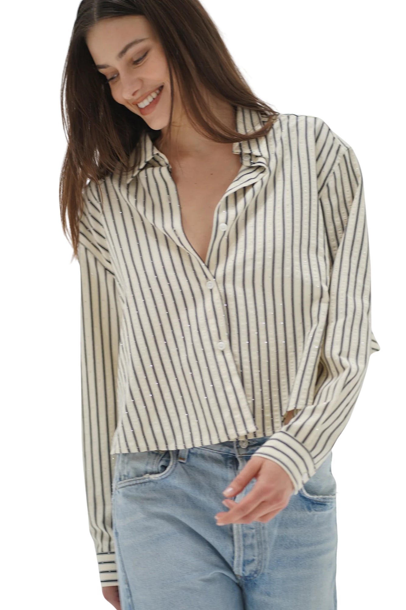 VALYRIA RHINESTONE PINSTRIPE BLUOSE