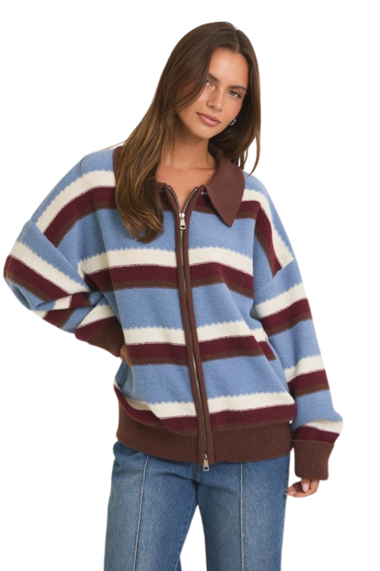 ZIPPER FRONT COLLARED BLUE STRIPE SWEATER