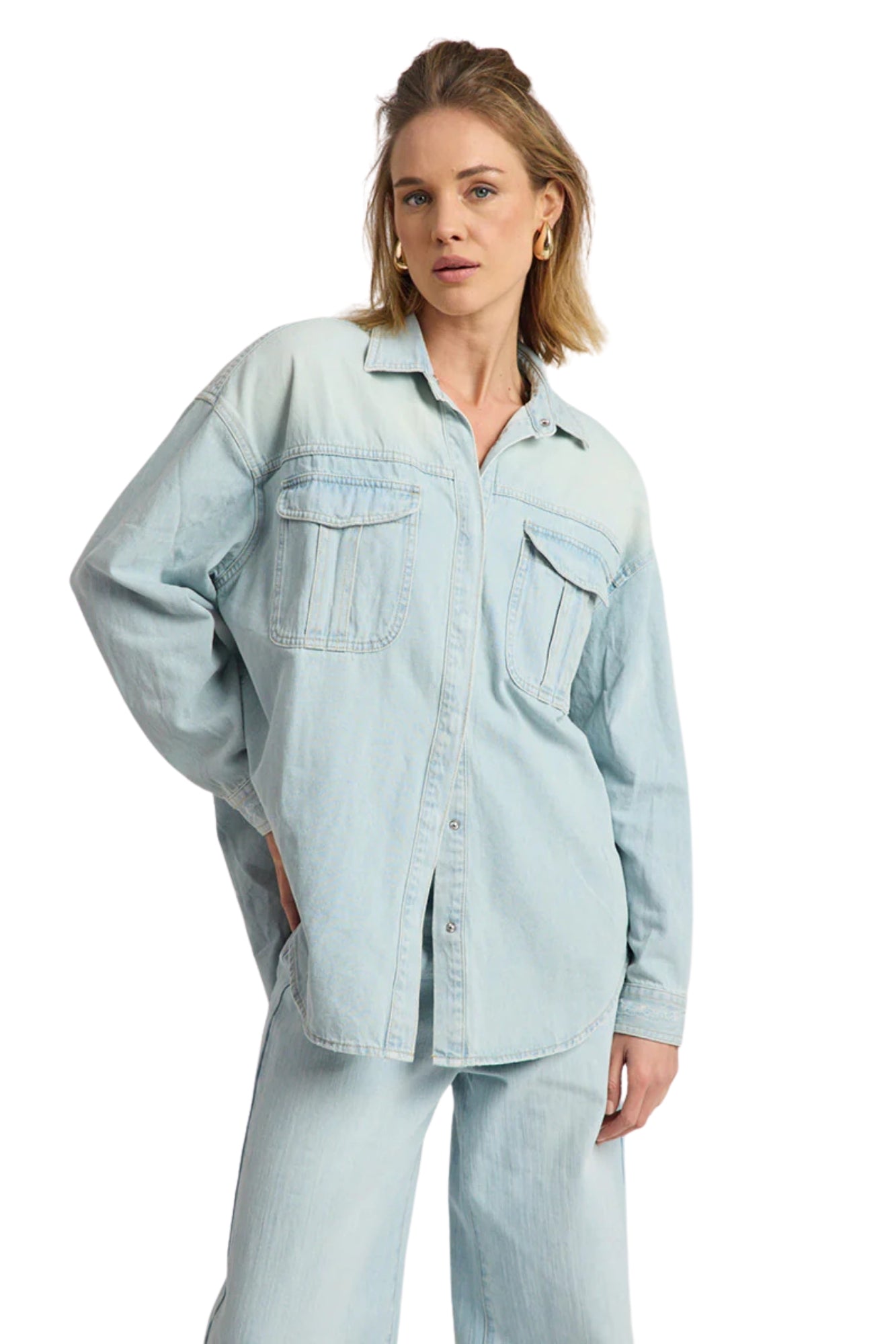 DAYDREAM HEART OVERSIZED SEA MIST BLUE DENIM SHIRT