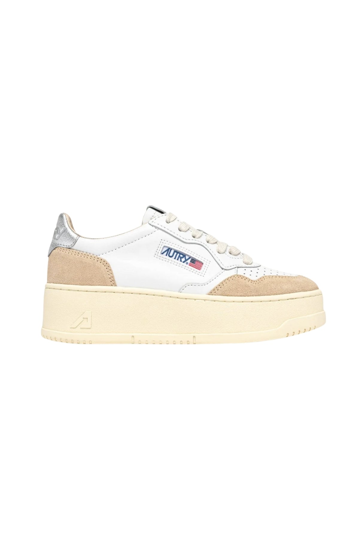 MEDALIST PLATFORM SNEAKERS IN SILVER AND WHITE SUEDE AND LEATHER