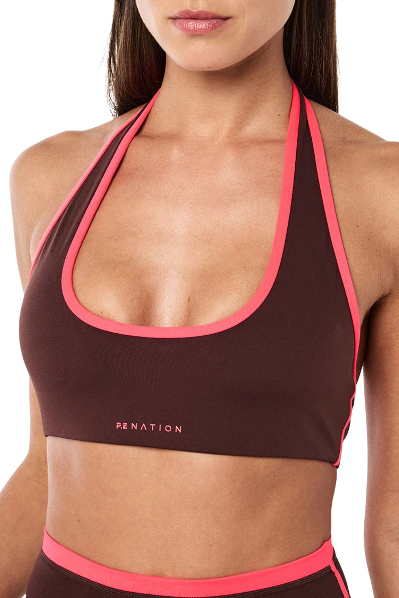 RADAR HALTER SPORTS BRA IN MAHOGANY AND DIVA PINK