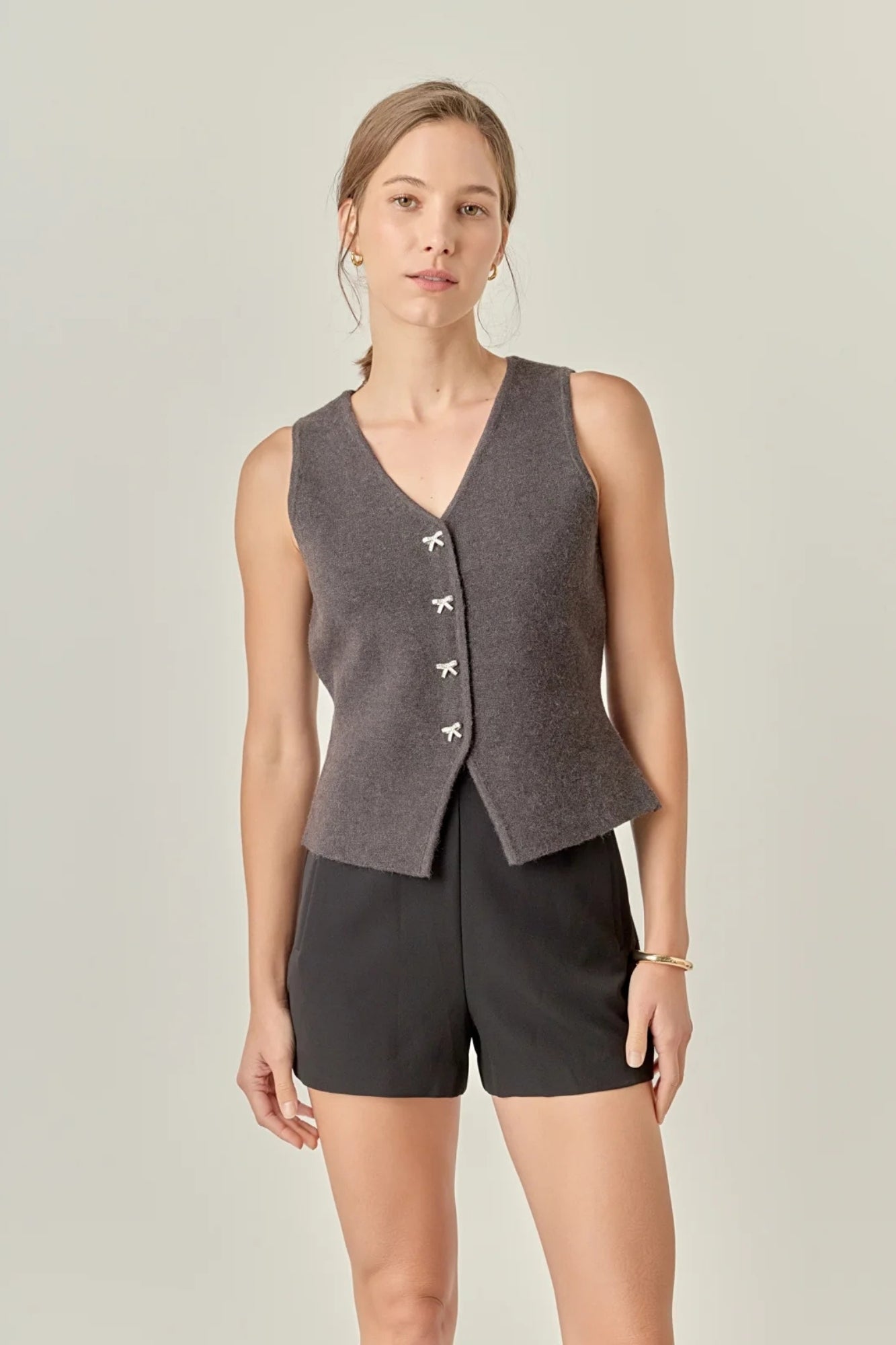 RHINESTONE BOW BUTTON KNIT CHARCOAL VEST