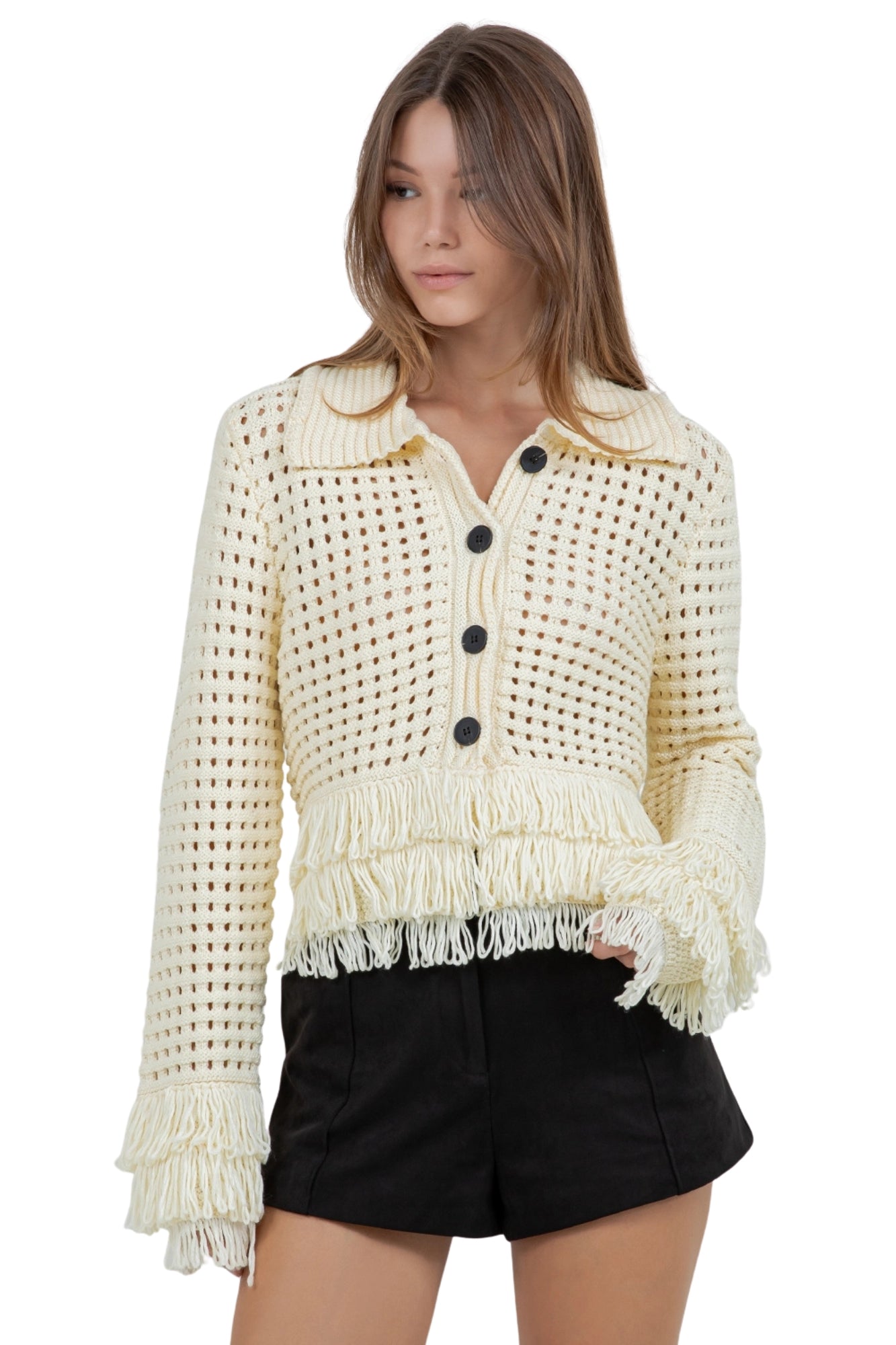 FRINGE DETAILED LEMON SOFT KNIT CARDIGAN