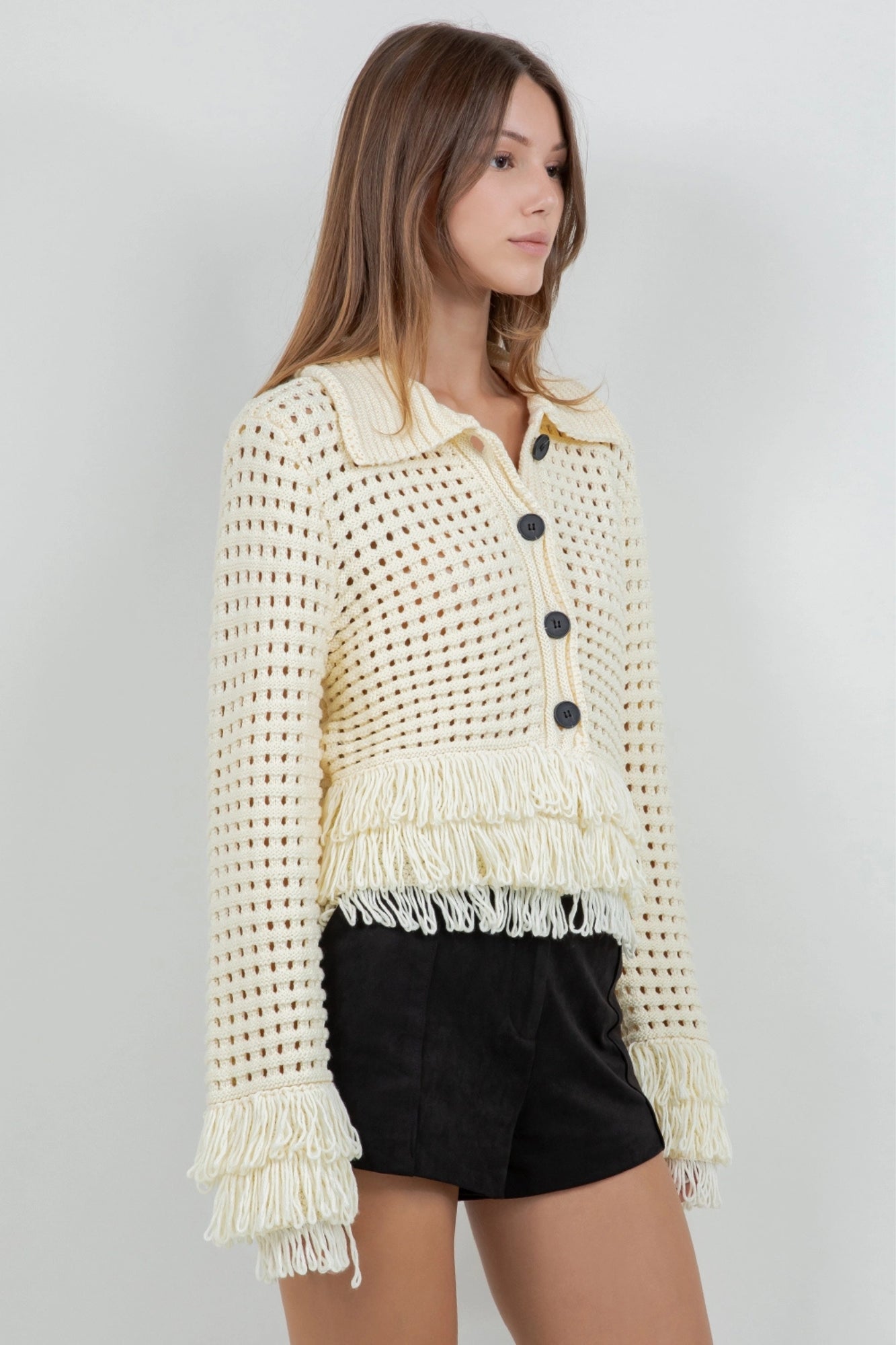 FRINGE DETAILED LEMON SOFT KNIT CARDIGAN