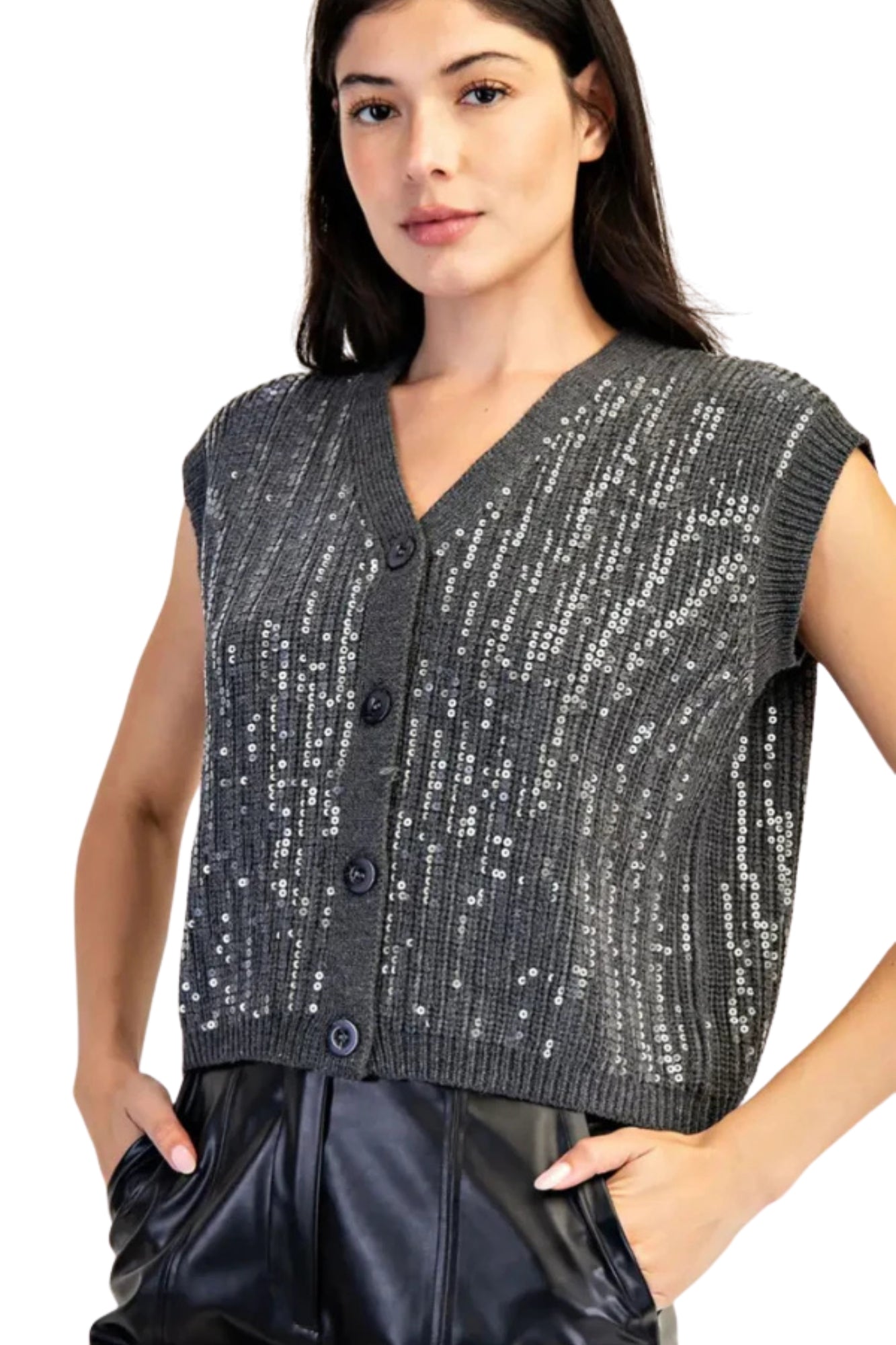 SEQUIN ATTACHED BUTTON DOWN CHARCOAL VEST