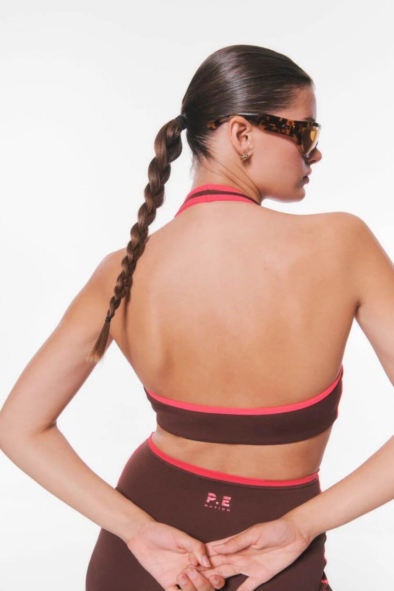 RADAR HALTER SPORTS BRA IN MAHOGANY AND DIVA PINK