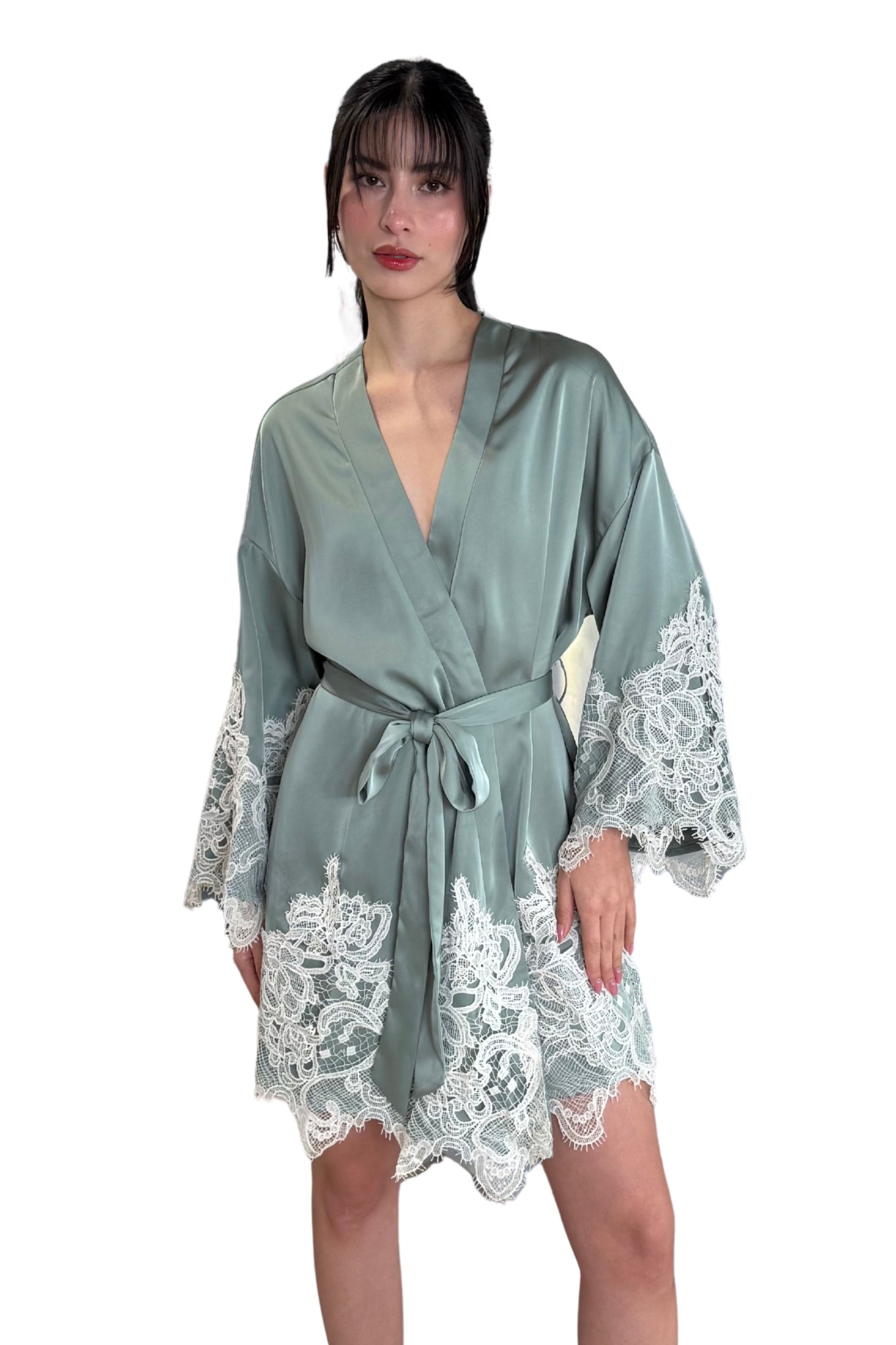 SCALLOPED BELIZE LACE KIMONO SLEEVE ROBE DRESS