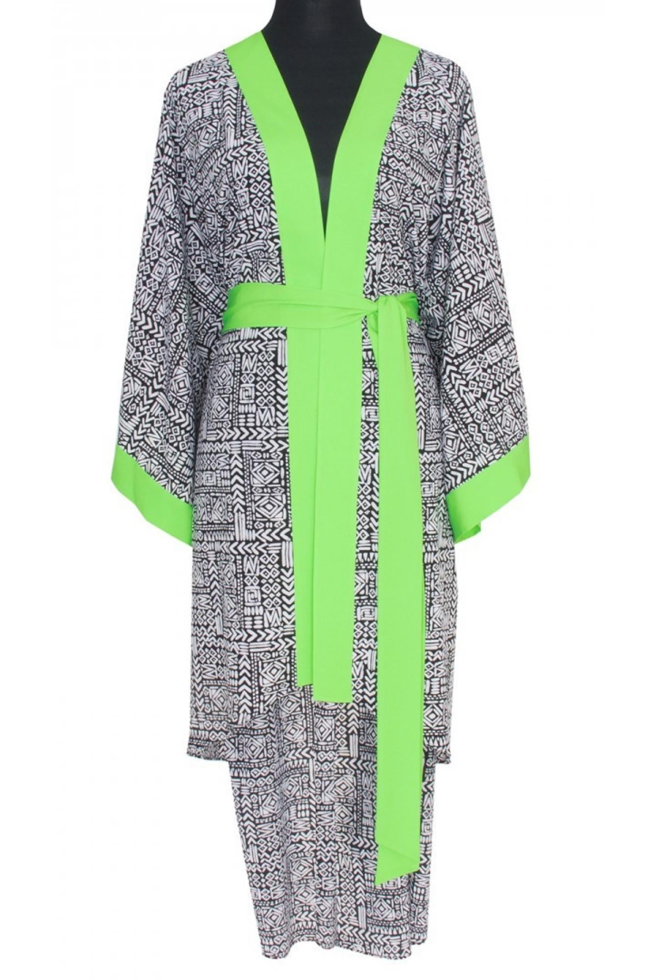 Kimono - Tribal print, with neon green finish.  - Neon green belt and trim  - Neon green tassels on the sides (except for Short Angel-Cut Kimono)  - Sequins evil eye patch on the back-1